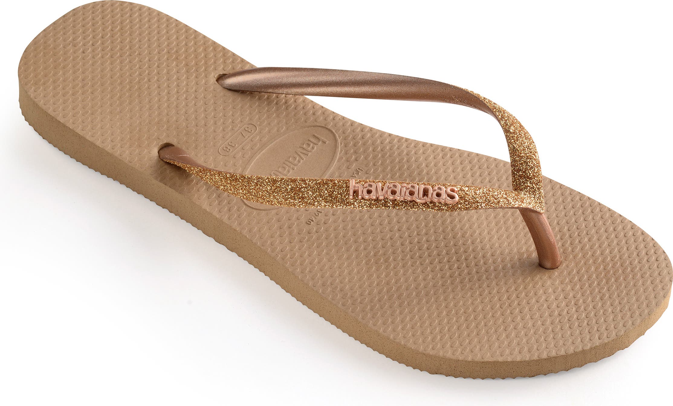 Womens Havaianas Slim Glitter Flip Flops Rose Gold Sandals 